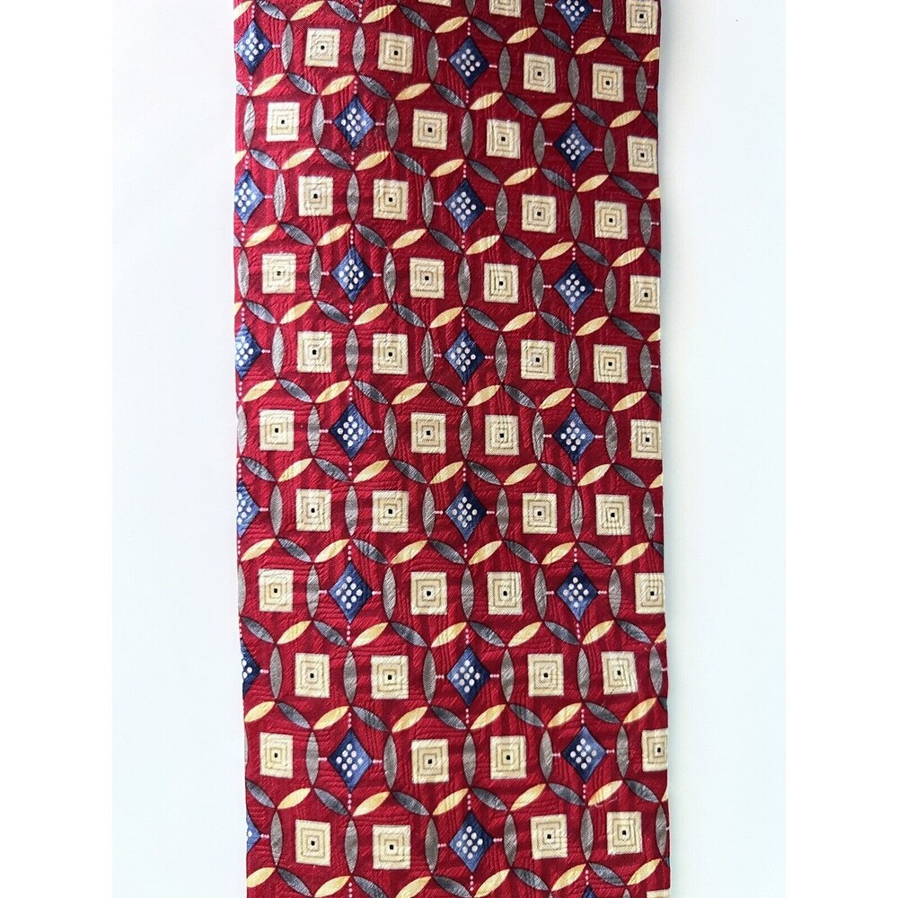 Jos A Bank Tie XL Silk Tie Geometric Red Blue Cream Gray 63 x 4 in Extra Long - Picture 7 of 11